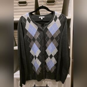 Croft & Barrow Women's Argyle Cardigan - Charcoal, Light Blue, and White